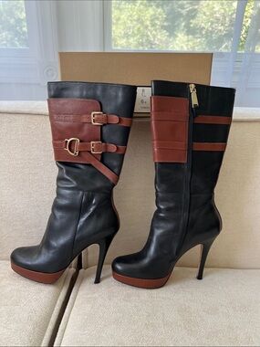 Cole Haan Black and Brown Leather High Heel Knee Boots